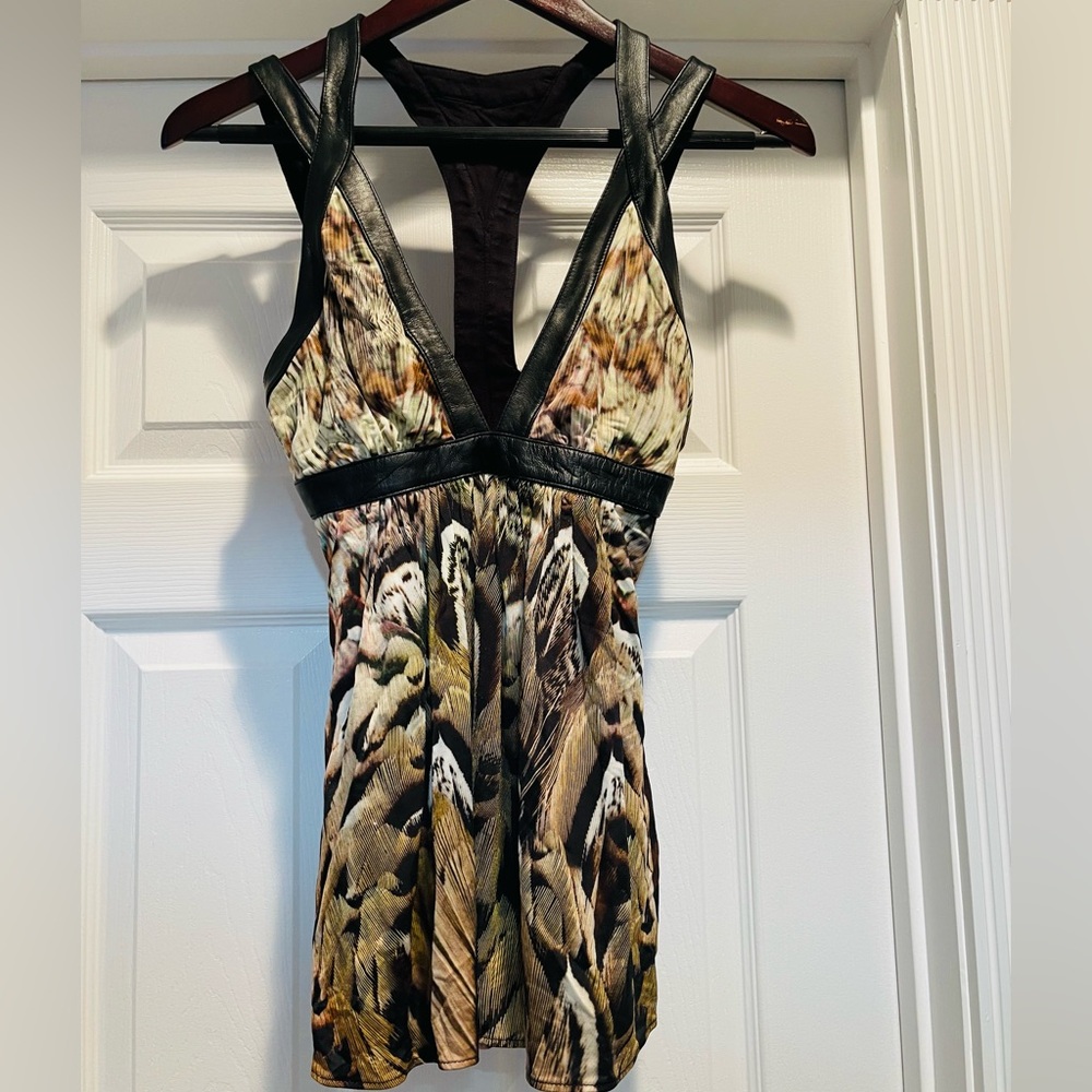 Sky XS peacock print top with leather trim NWT